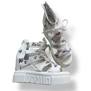 Women 42 White Pink Floral Platform Chunky Lace Up Wedge Gladiator Sandals Roman